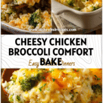 Golden baked cheesy chicken broccoli rice casserole with melted cheese topping in a family dinner dish